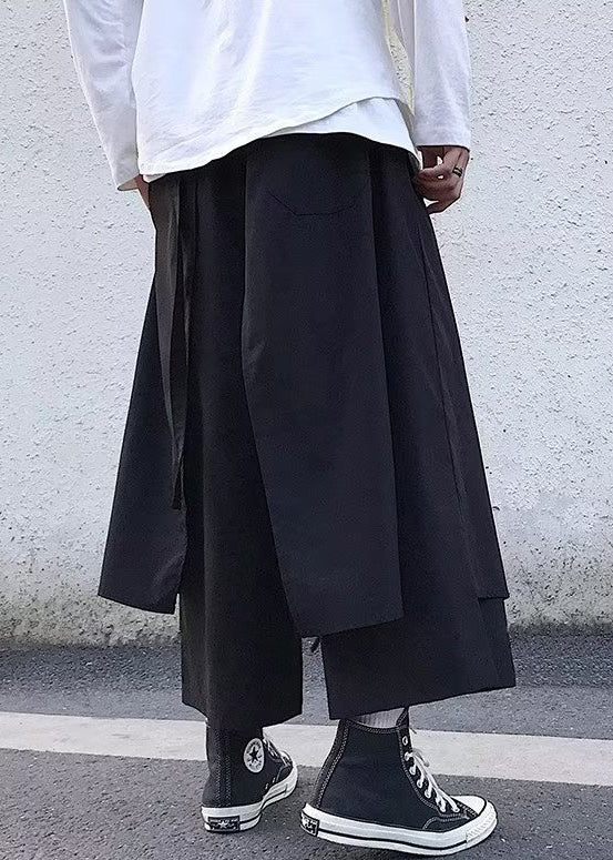 New Black Pockets False Two Pieces Cotton Crop Pants Fall