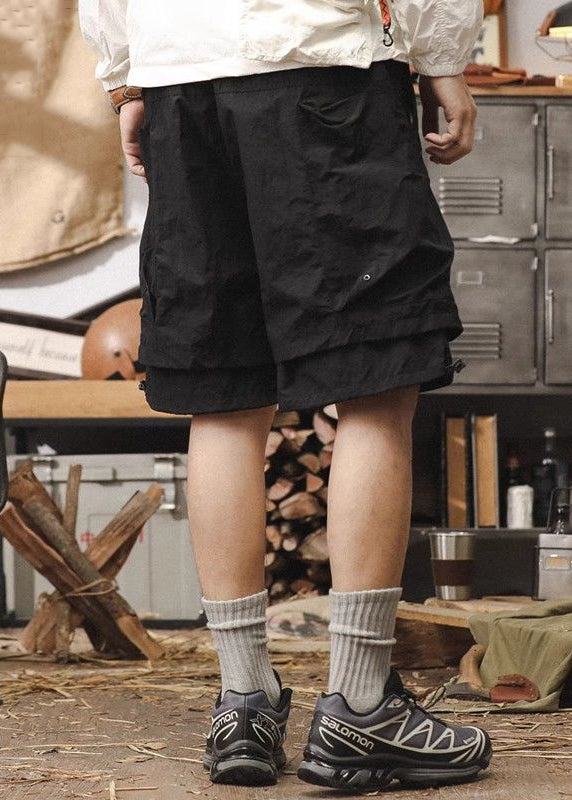 New Black Pockets Patchwork False Two Pieces Cotton Shorts Summer