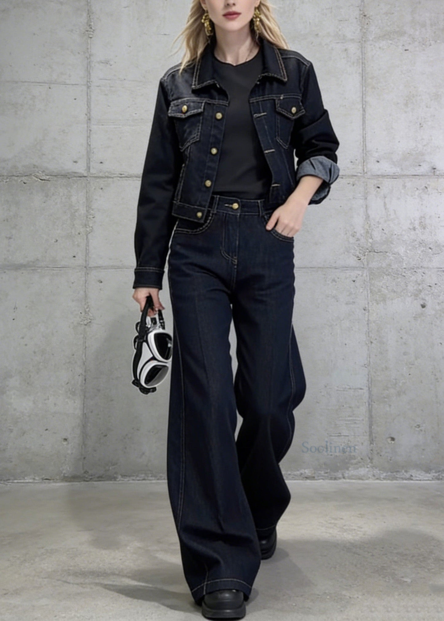 New Blue Peter Pan Collar Coat Pants Denim Two Pieces Set Spring