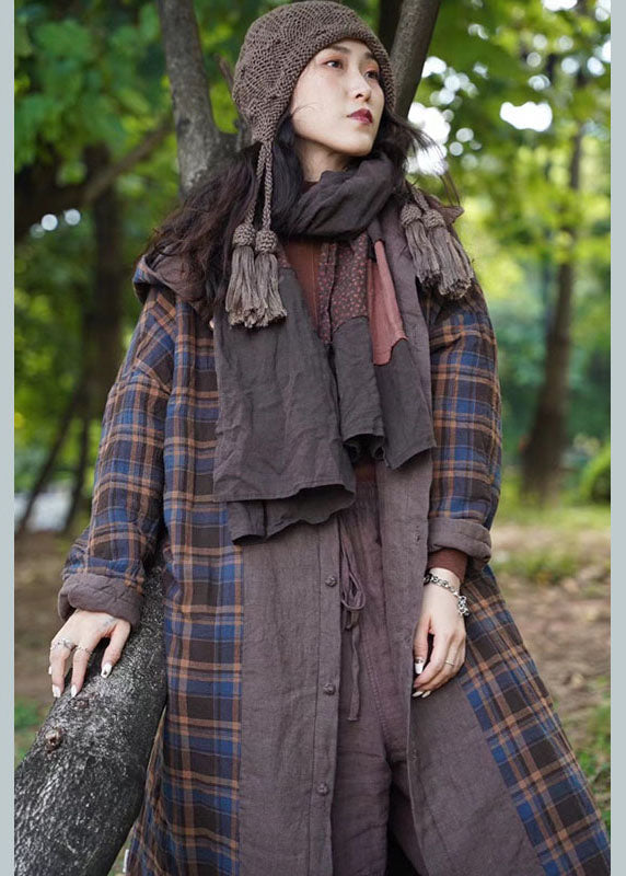 New Chocolate Plaid Hooded Wear on Both Sides Pockets Winter Cotton Coat