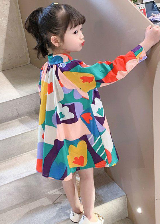 New Colorblock Print Button Mid Dress Long Sleeve