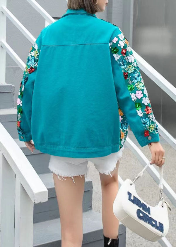 New Green Zircon Nail Bead Sequins Patchwork Denim Coat Spring