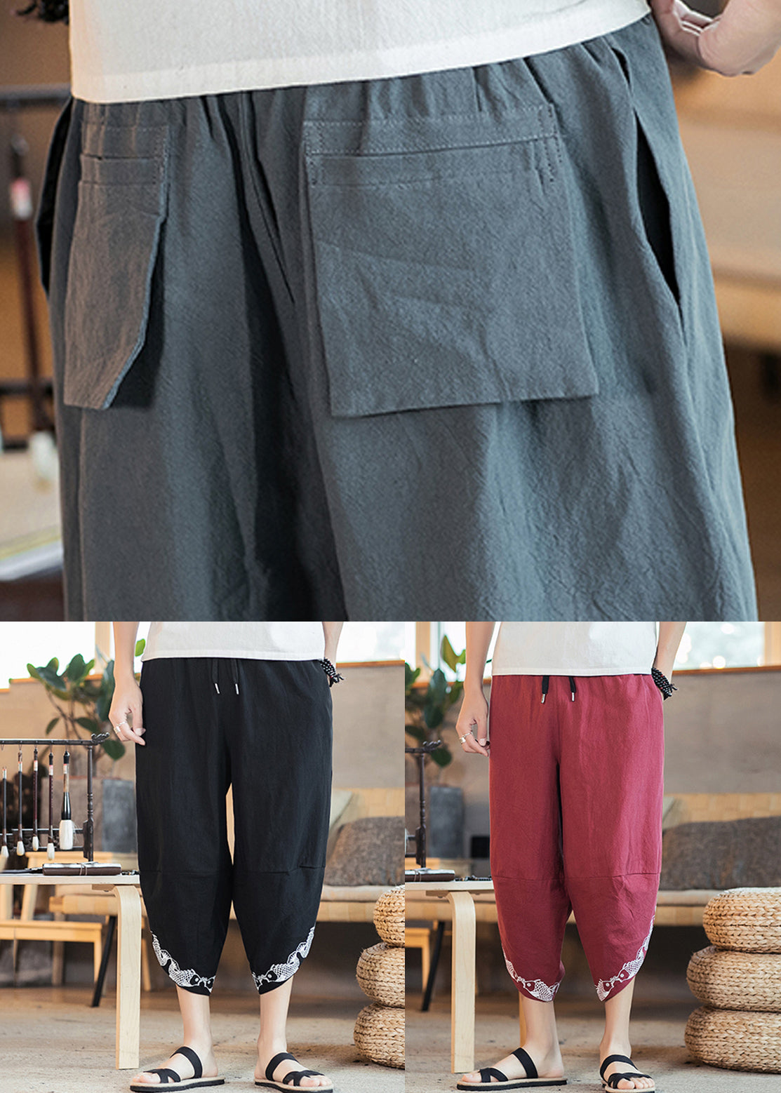 New Grey Pockets Elastic Waist Cotton Harem Pants Summer