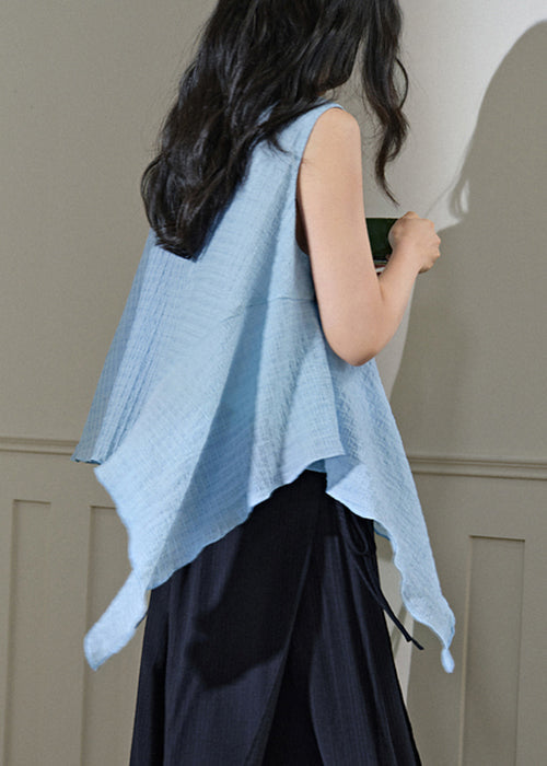 New Light Blue Asymmetrical Cotton Top Sleeveless