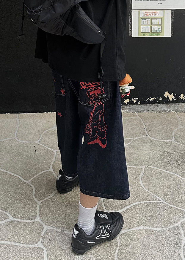 New Navy Print Pockets Denim Crop Pants Summer