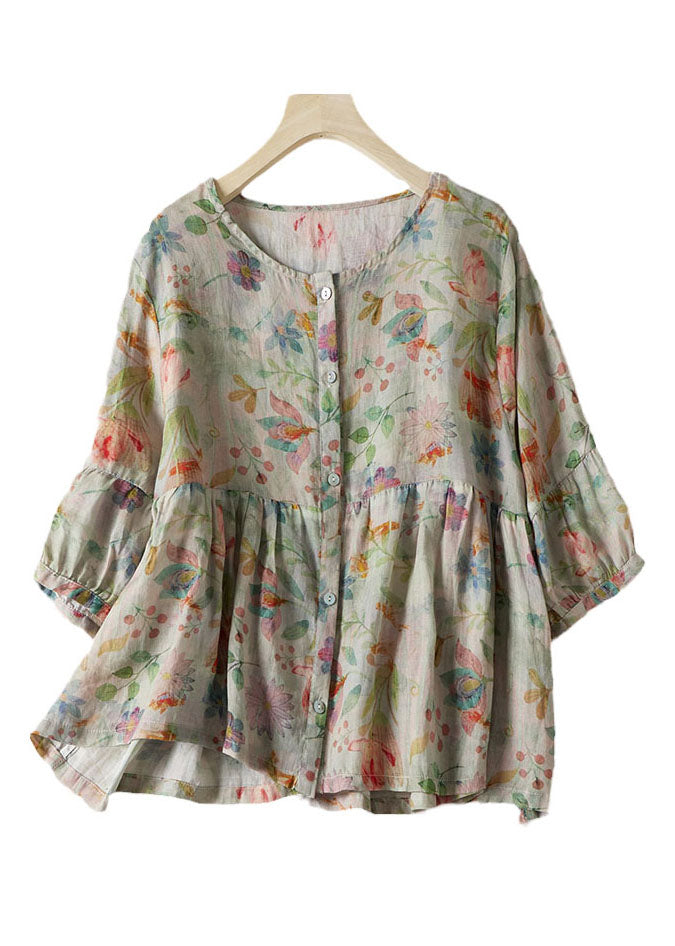 New O-neck Print Wrinkled Patchwork Cotton Shirt Top Half Sleeve