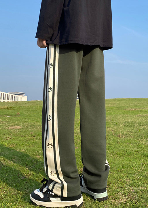 New Olive Green Elastic Waist Patchwork Cotton Pants Spring