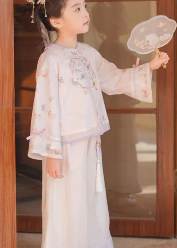 New Pink O-neck Embroideried Silk Top and Crop Pants Two Pieces Set Flare Sleeve