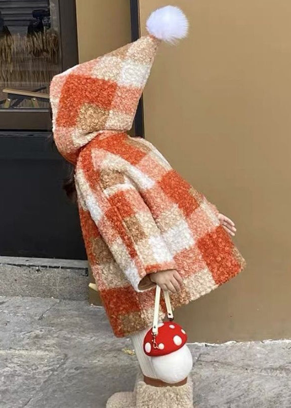 New Plaid Hooded Button Woolen Coat Long Sleeve