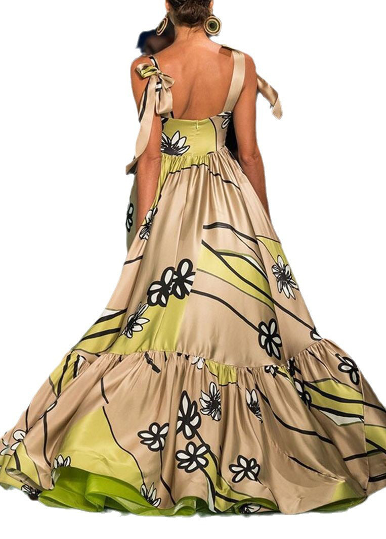 New Printed Backless Lace Up Irregular Patchwork Dress