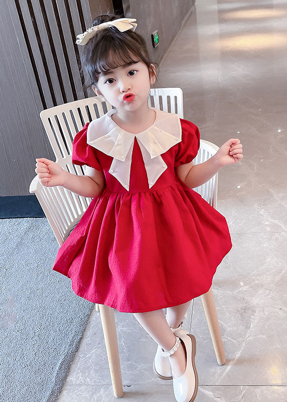 New Red Nail Bead Wrinkled Patchwork Cotton Baby Dress Summer