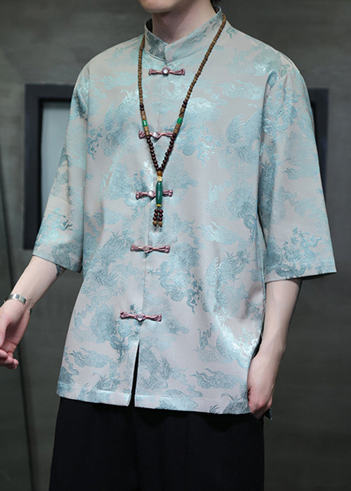 New Red Stand Collar Print Ice Silk Shirts Half Sleeve