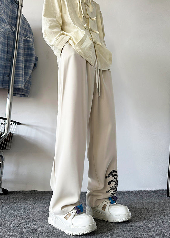 New Retro Apricot Embroideried Pockets Silk Pants Summer