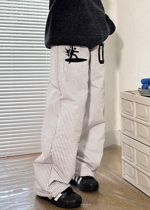 New Striped Pockets Elastic Waist Thickd Pants Winter