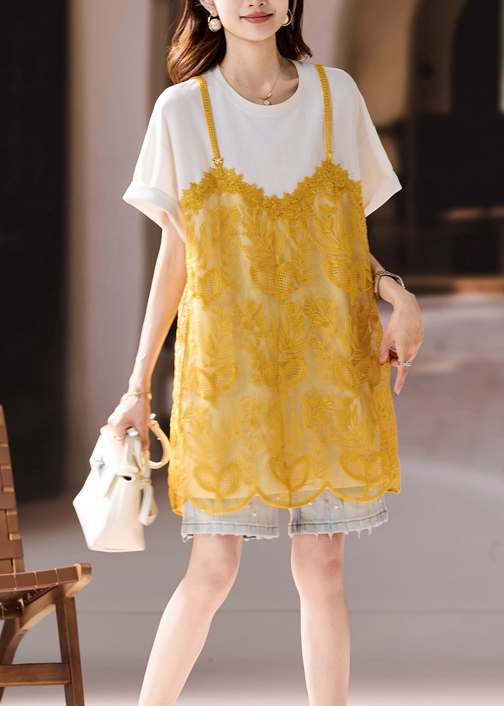New Style White Organza Patchwork Embroidered T-shirt Summer