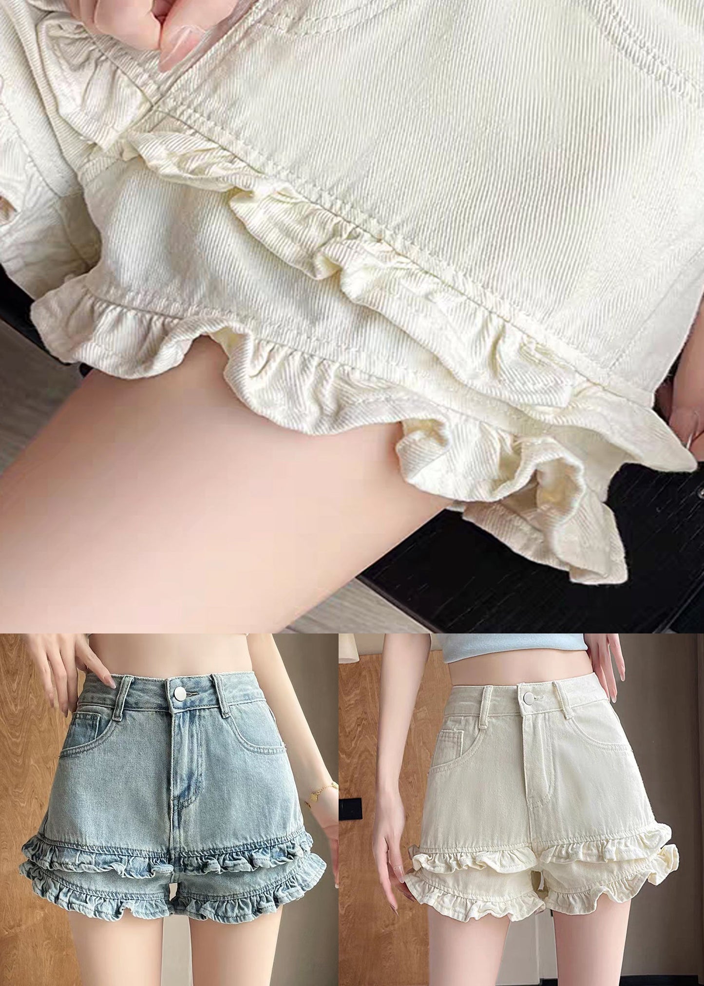 New White Ruffled Pockets Denim Shorts Summer