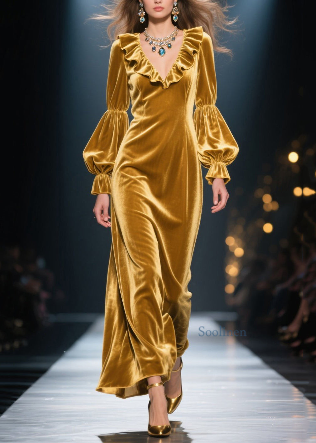 New Yellow Ruffled Patchwork Velvet Maxi Dresses Spring