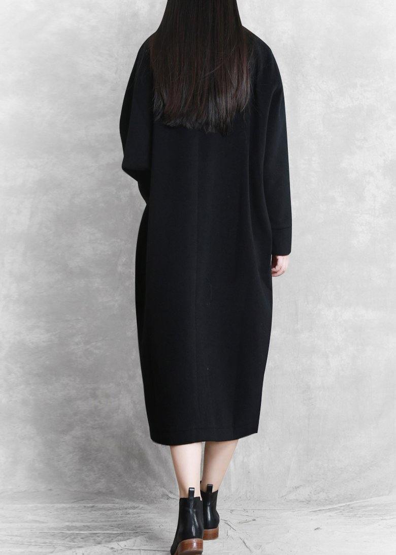 New Black Coat Stand Collar Asymmetric Long Coat Woolen Outwear