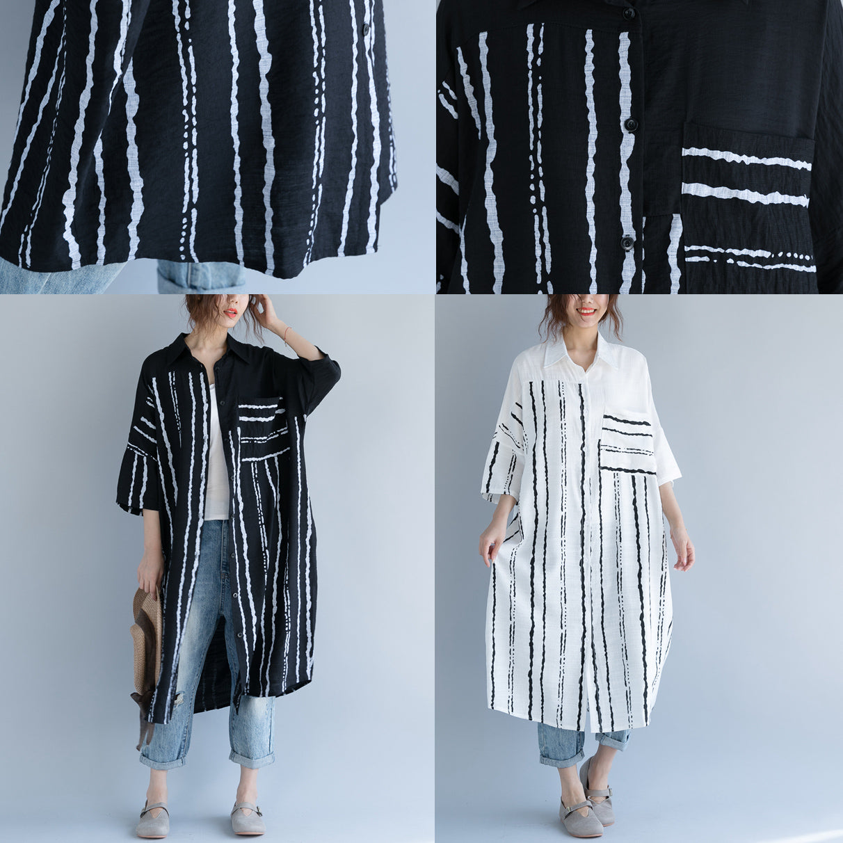 New Black Midi-length Cotton Dress Traveling Dress Bracelet Sleeved Patchwork Turn-down Collar Striped Cotton Dresses