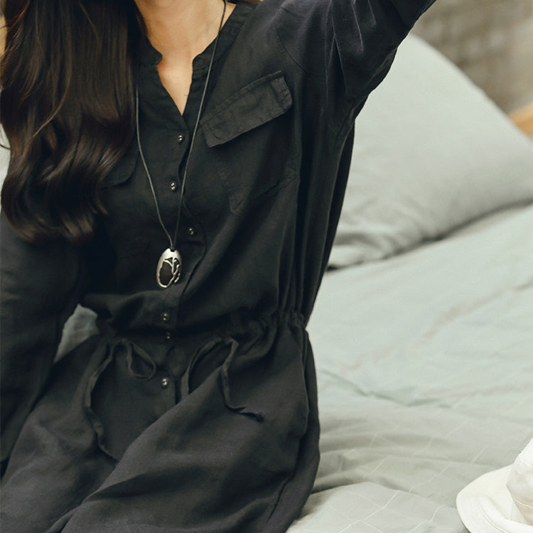New Black Linen Dress Tie Waist V Neck Clothing Dress