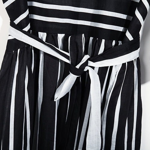 New Black White Striped Natural Linen Dress Loose Fitting Tie Waist Traveling Clothing Bracelet Sleeved Gown