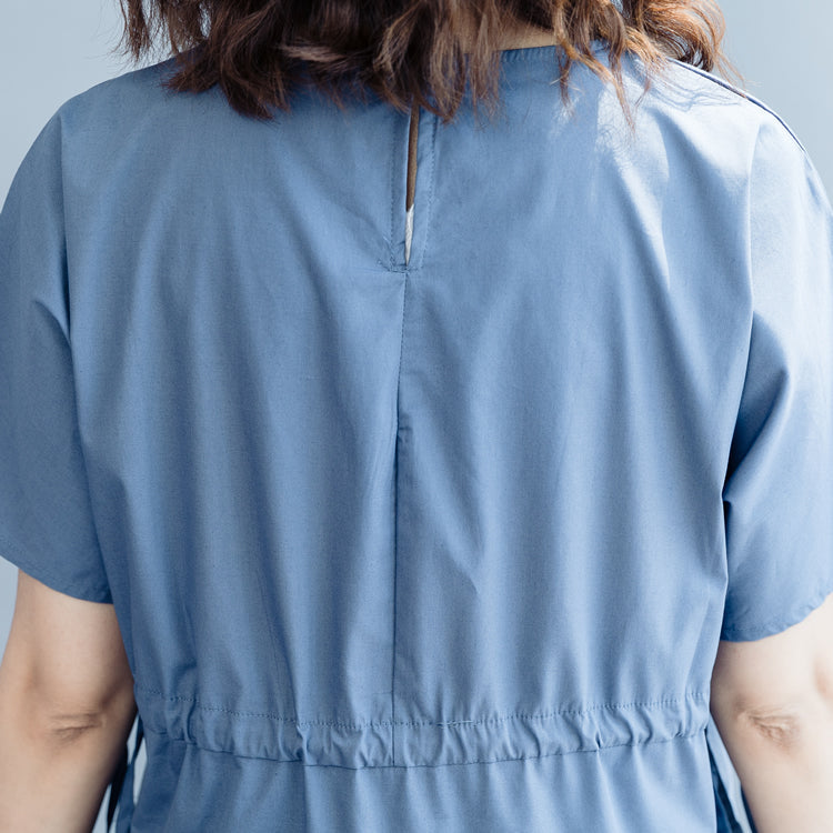 New Blue Cotton Dresses Oversize O Neck Drawstring Caftans Fine Short Sleeve Baggy Dresses