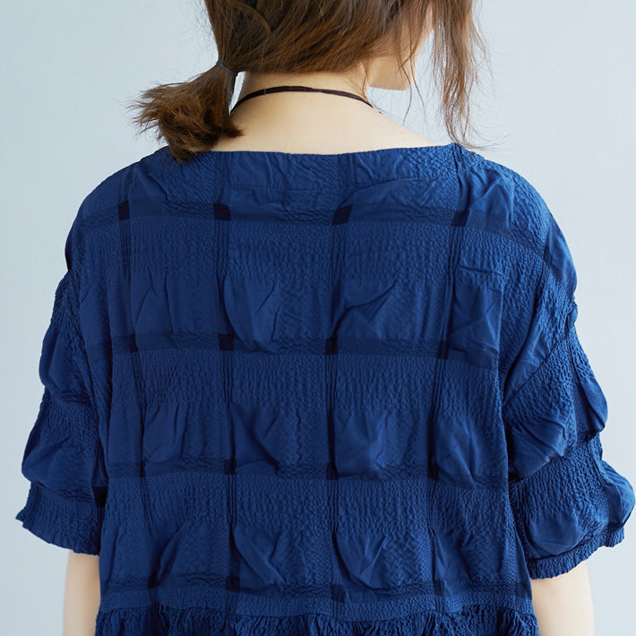 New Dark Blue Cotton Blended Clothing Square Collar Pockets Half Sleeve Large Hem Cotton Blended Dresses
