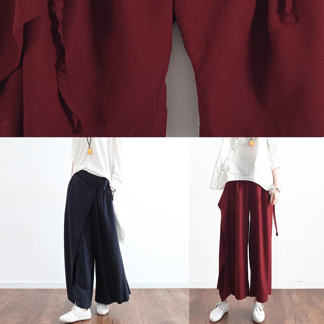 New Dark Blue Loose Tie Irregular Wide Leg Cotton and Linen Pants