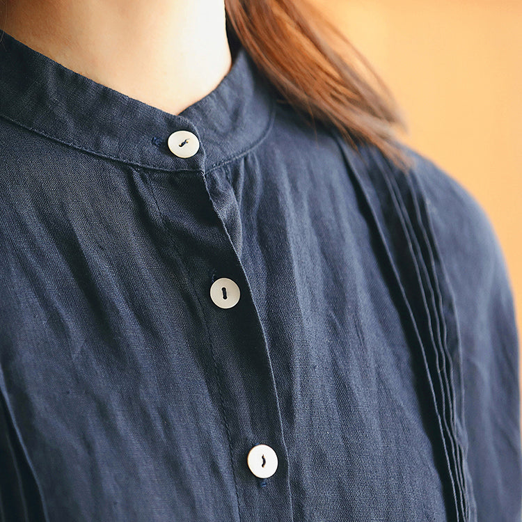 New Dark Blue Linen Knee Dress Traveling Dress Long Sleeve Baggy Dresses Stand Cinched Linen Dresses