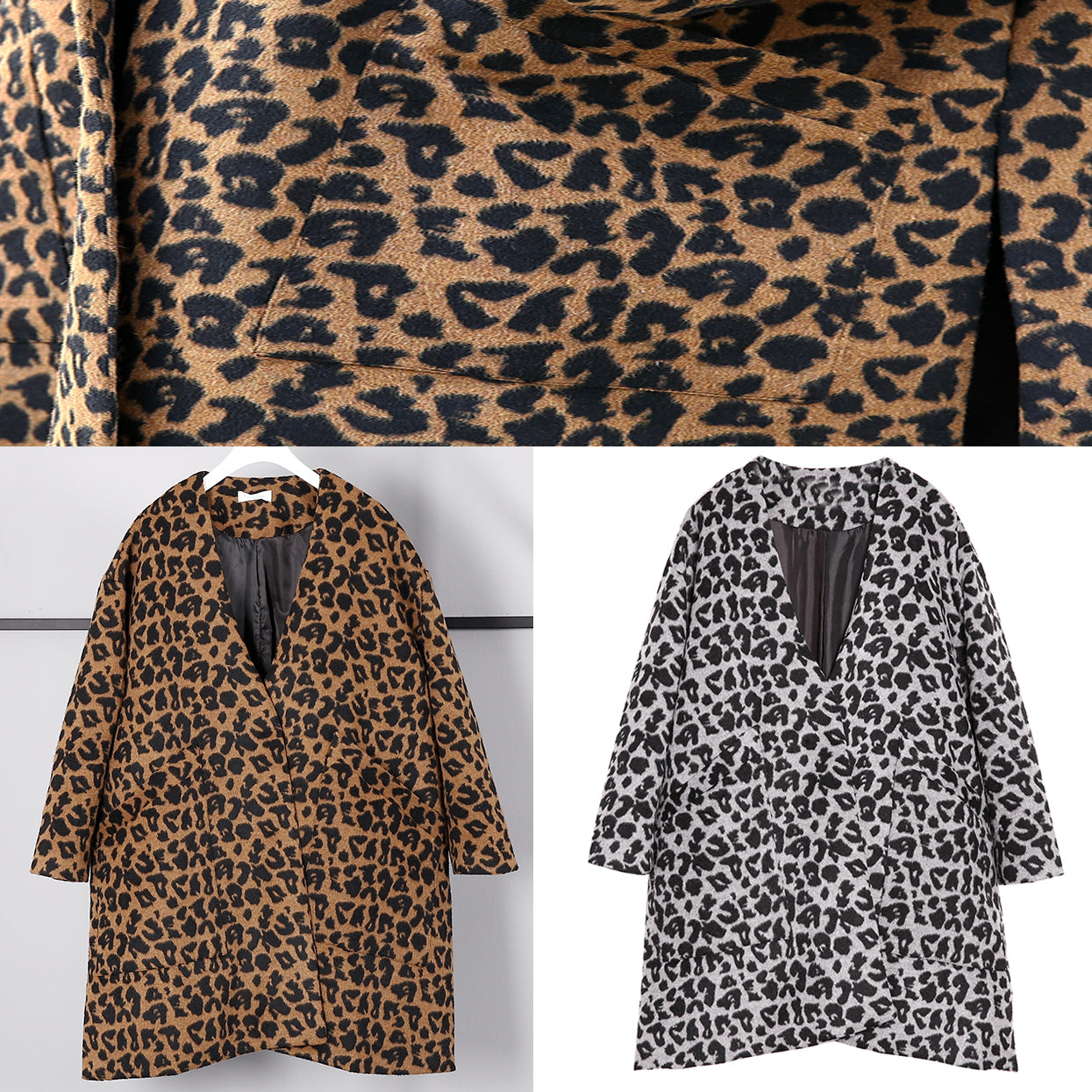 New Gray Leopard Coats V Neck Pockets Winter Coat Side Open Coat