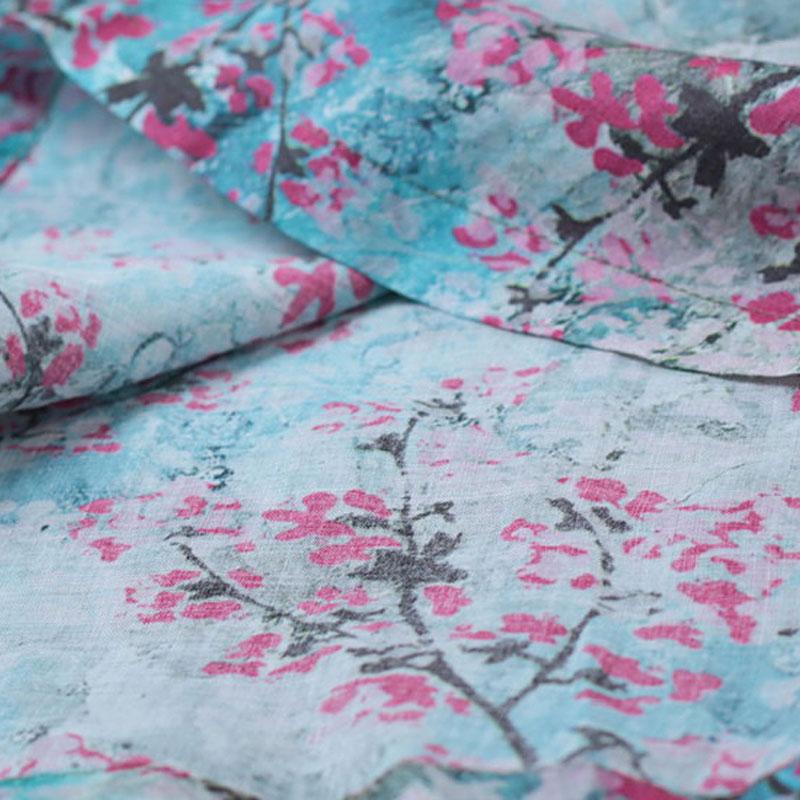 New Linen Summer Dress Loose Fitting Retro V Neck Short Sleeve Printed Ramie Dress