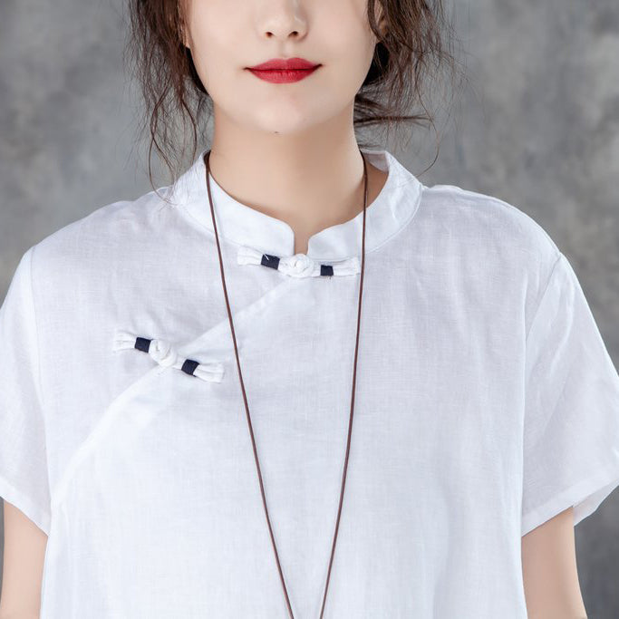 New Linen Tops Stand Collar Short Sleeve Irregular Khaki Tops