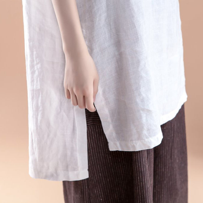 New Linen Tops Clothing Short Sleeve Slit Summer White Tops