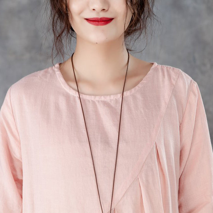 New Long Linen Dress Loose Fitting Linen Round Neck Three Quarter Sleeve Green Pleated Dress