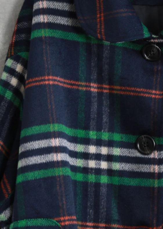 New Oversized Winter Coat Fall Coat Blue Plaid Peter Pan Collar Woolen Overcoat