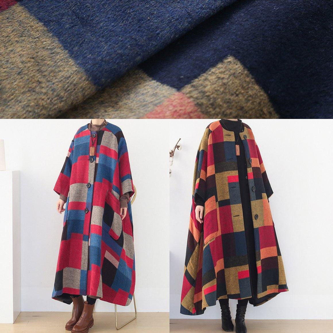 New Clothing Trench Coat Outwear Yellow Plaid O Neck Extra Large Hem Wool Coat