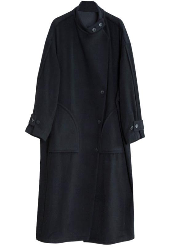New Long Winter Coat Black Pockets Button Down Woolen Coats