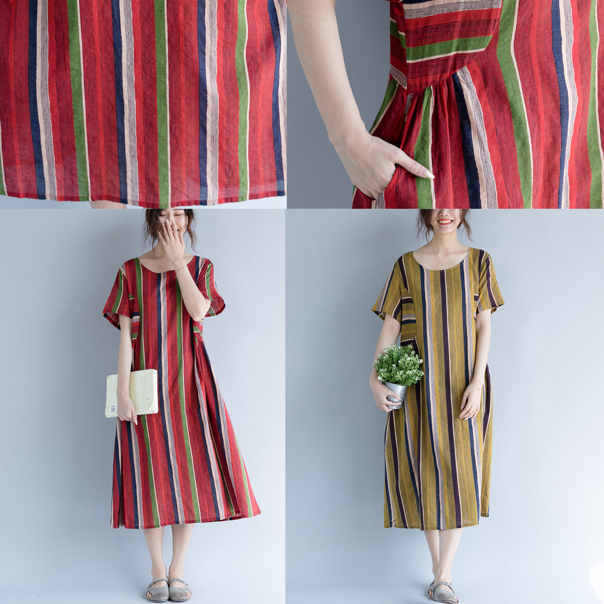New Red Cotton Linen Maxi Dress O Neck Traveling Clothing Striped Short Sleeve Gown