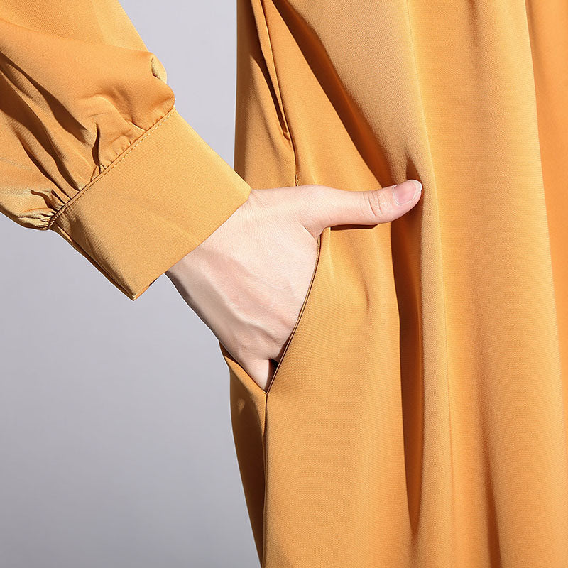 New Yellow Silk Cotton Blended Caftans Clothing Stand Collar Silk Cotton Blended Clothing Dress Fine Pockets Cinched Caftans