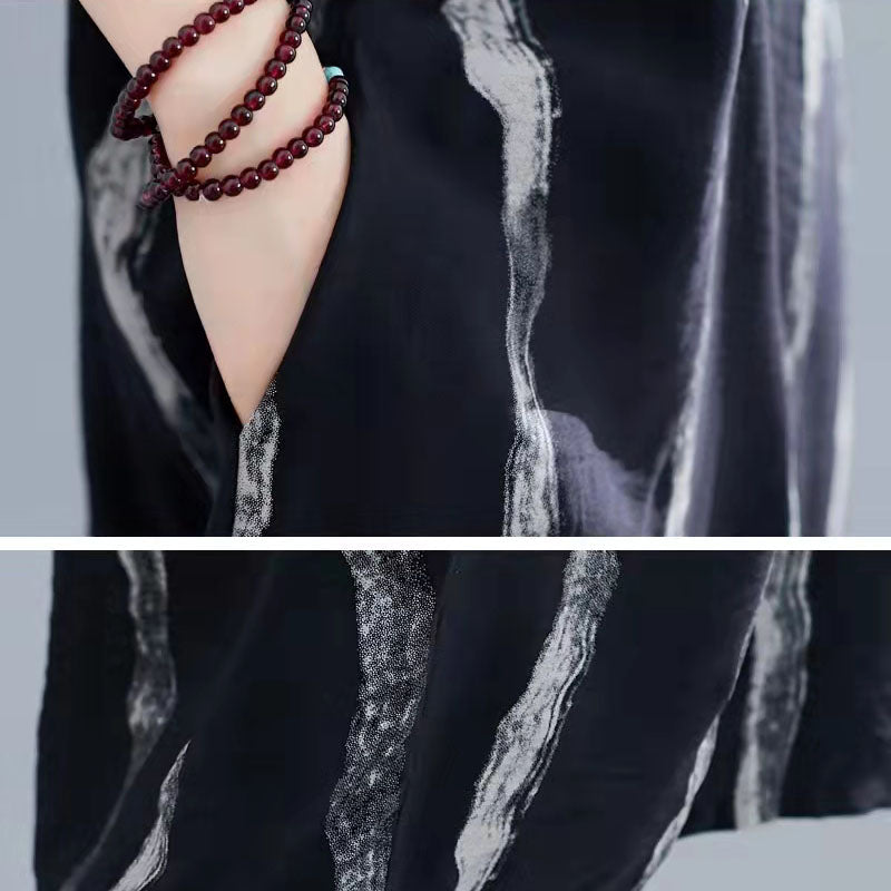 New Black Cotton Knee Dress Loose Fitting Dress Short Sleeve Baggy Dresses Print O Neck Cotton Dresses