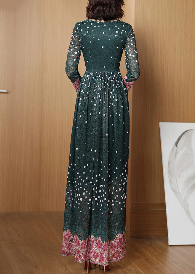 Novelty Green O-neck Print Lace Patchwork Tunic Maxi Dress Long Sleeve