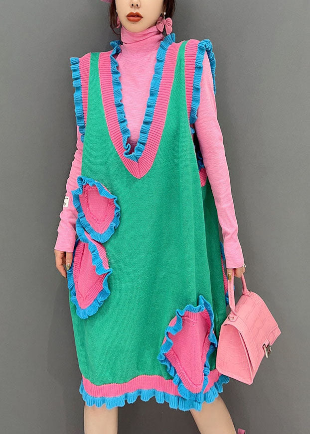 Novelty Green V-neck Patchwork Ruffles Knit Dress Sleeveless