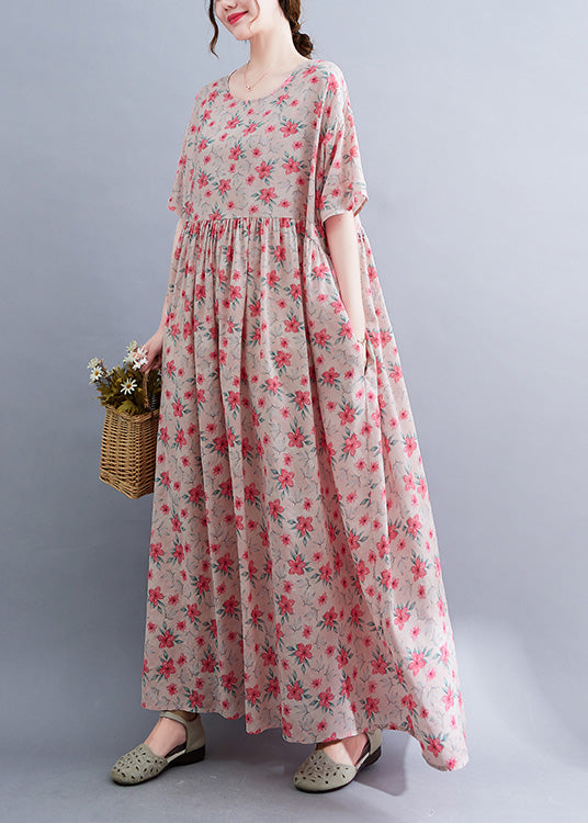 Novelty Pink O-neck Patchwork Print Cotton Maxi Dresses Summer