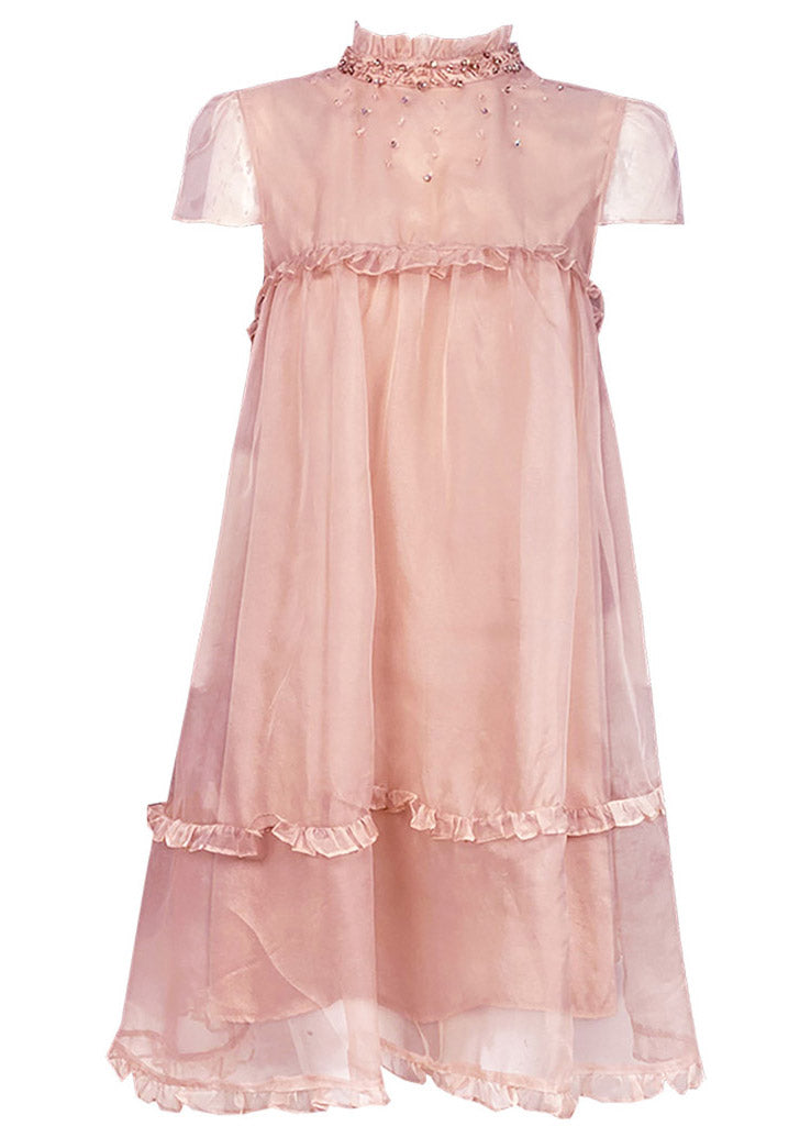 Novelty Pink Ruffled Patchwork Nail Bead Tulle Mid Dress Summer