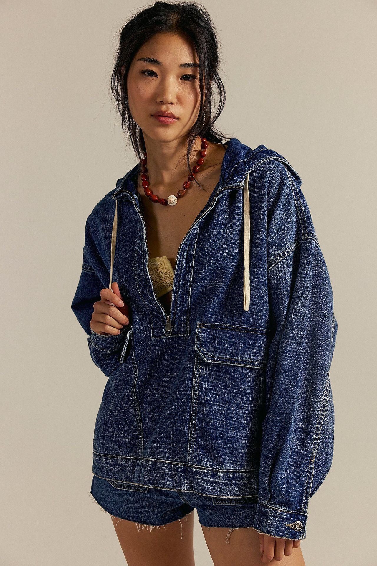 Stylish Blue Hooded Pockets Drawstring Patchwork Denim Top Fall