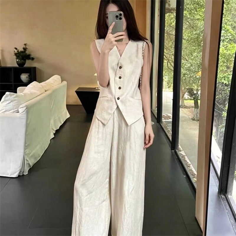 Natural White Peter Pan Collar High Waist Linen Shirts and Pants Two Pieces Set Long Sleeve