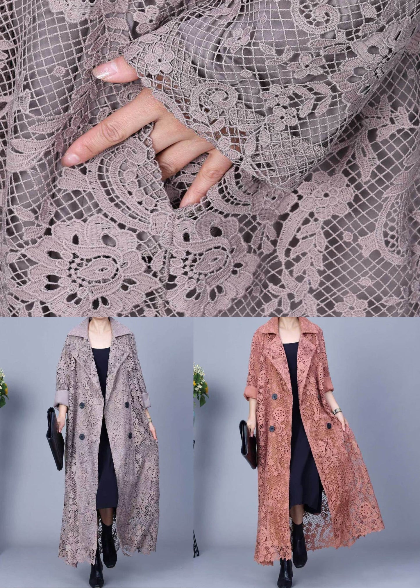 Orange Button Pockets Long Trench Coat Embroidered Spring