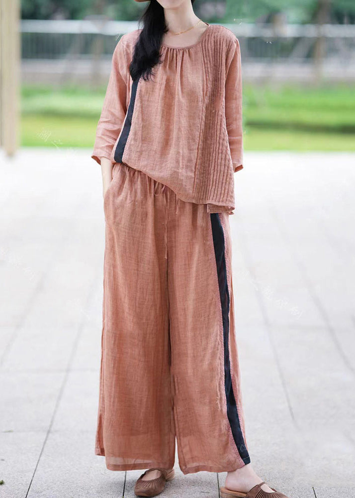 Organic Apricot O-neck Tops and Pants Linen Sets 2 Pieces Fall