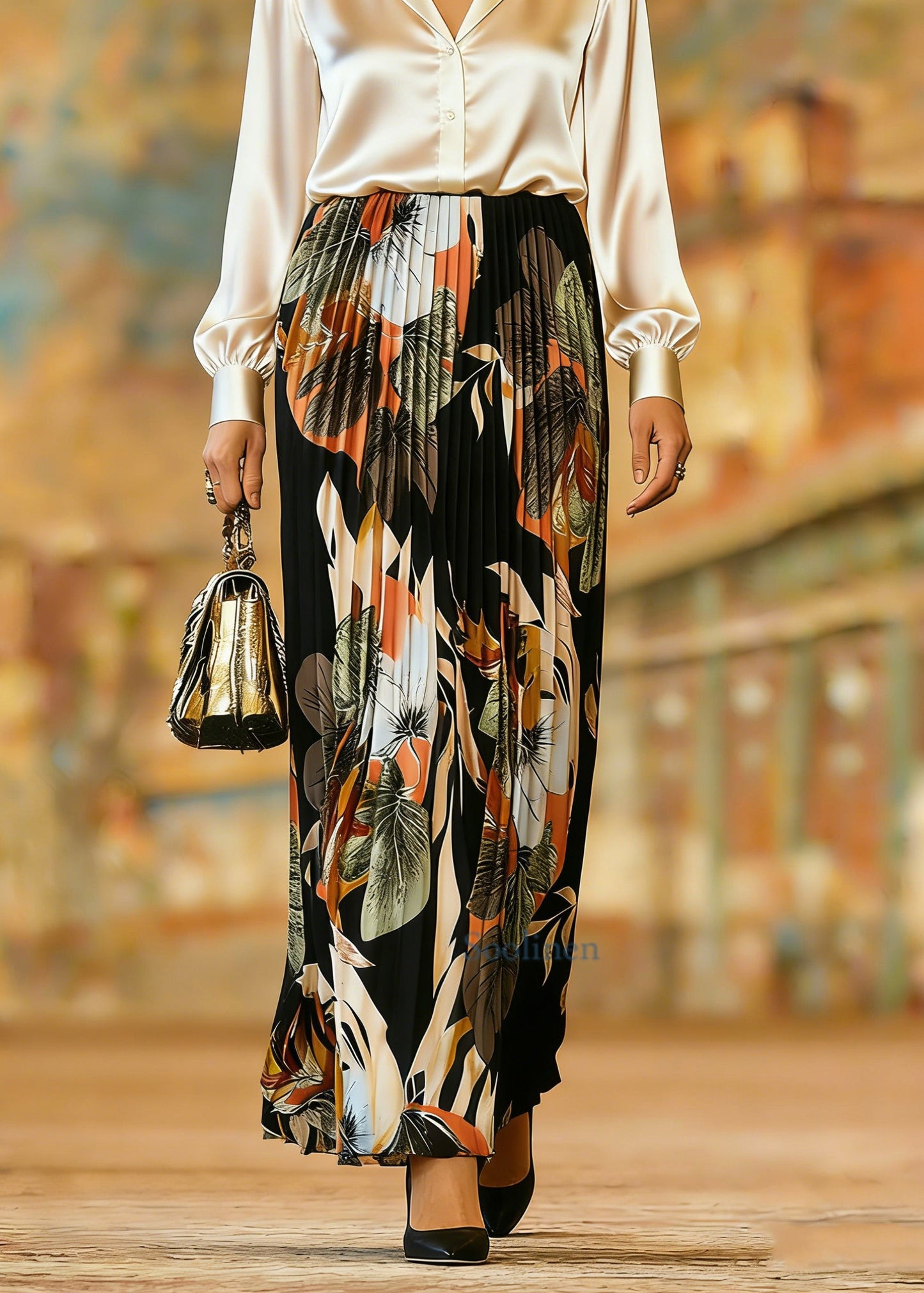 Organic Black Print Elastic Waist Pleate Skirts Spring