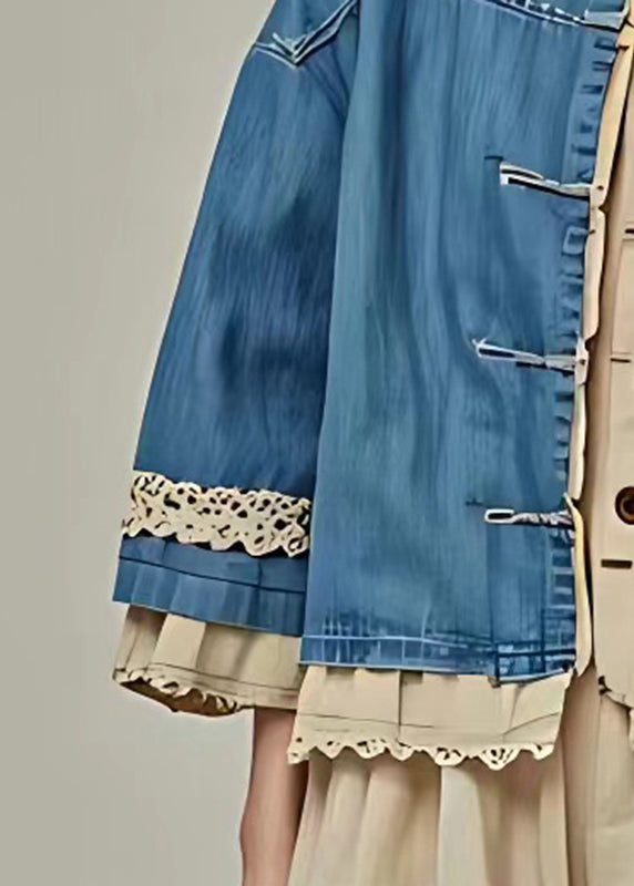 Organic Blue O-neck Pockets Coat Long Sleeve